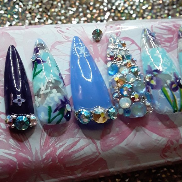 Handmade Hard Gel XL Stiletto "Louie Vuitton" Theme Luxury & Floral Style Press - Picture 4 of 10